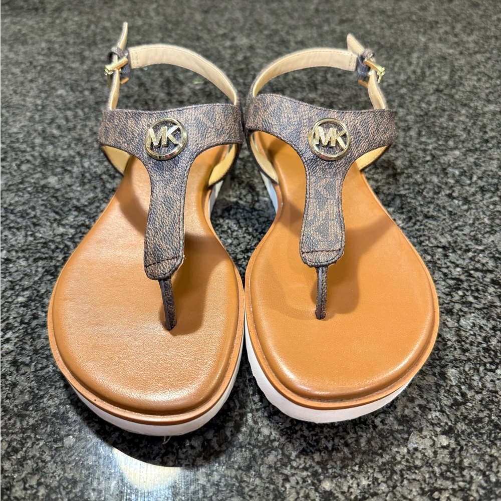 Michael Kors Brown T-Strap Sandals with Medallion